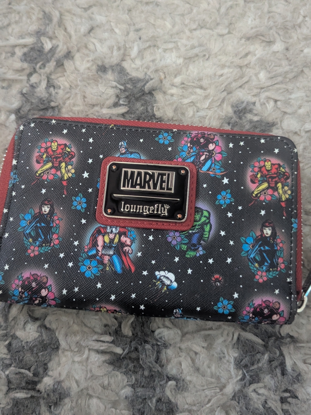 Loungefly Black Marvel Floral Superhero Wallet with Pink & Blue Accents